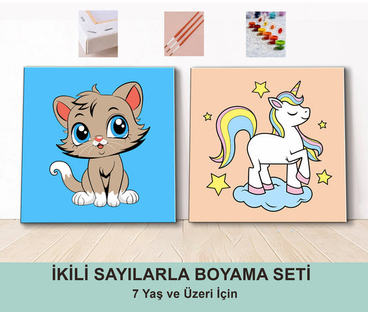 Çocuklar İçin Sayılarla Boyama Seti – Yavru Kedicik & Tek Boynuzlu (2’li Paket)