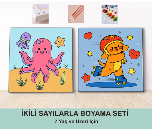 Çocuklar İçin Sayılarla Boyama Seti 20x20 cm – Denizdeki Dostlarımız & Patenci Köpek (2’li Paket)